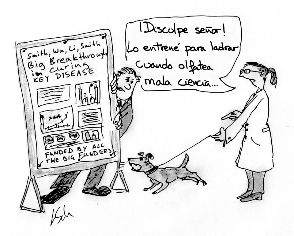 «Entrené al perro para detectar mala ciencia». Imagen original de Leonid Schneider. Traducida a español por @aabrilru. CC BY-NC